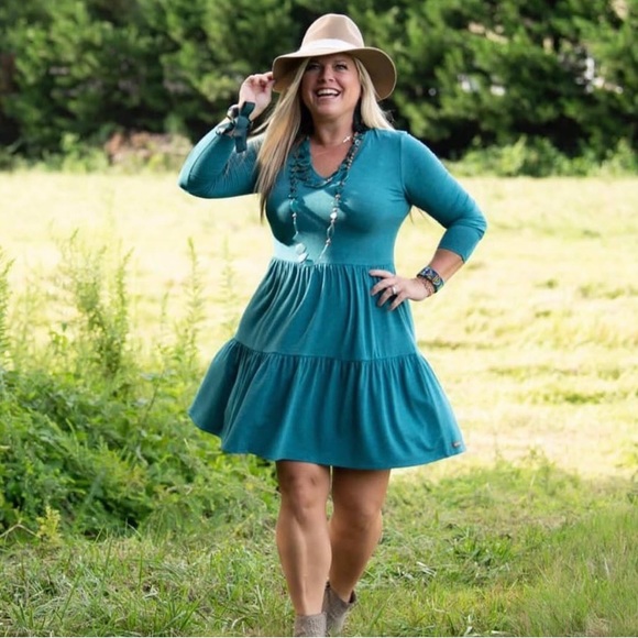 Matilda Jane Dresses & Skirts - MATILDA JANE Tiered Knit Dress‎ Teal Modal Long Sleeves Vneck Boho Cottagecore S
